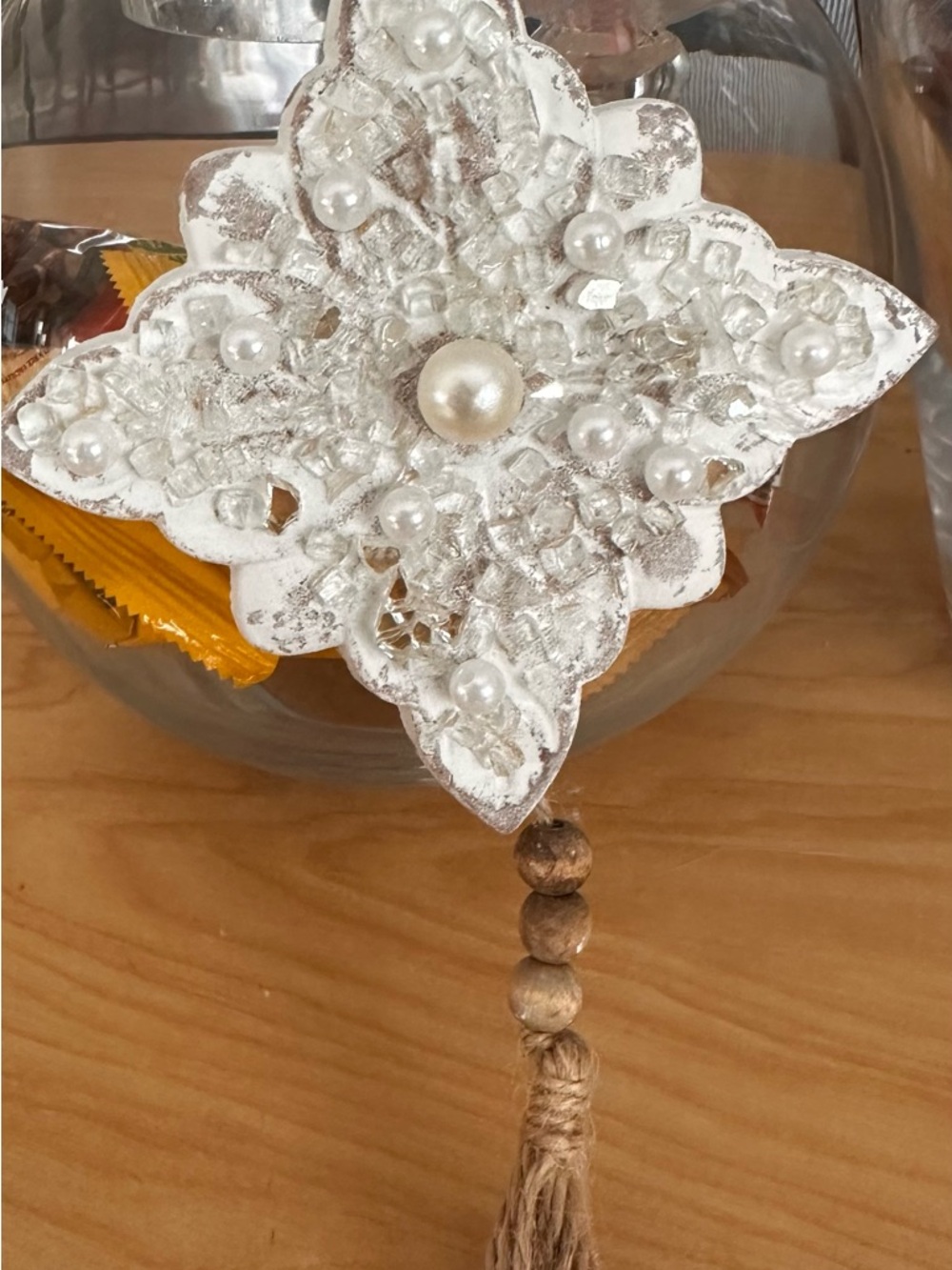 Hand crafted Beaded White Floral hanging Ornament with Tassel - Picture 11 of 11